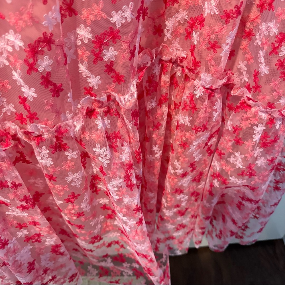 ML Monique Lhuillier Floral Embroidered Mesh Pink & White Midi Dress | Size 10 - Picture 8 of 10